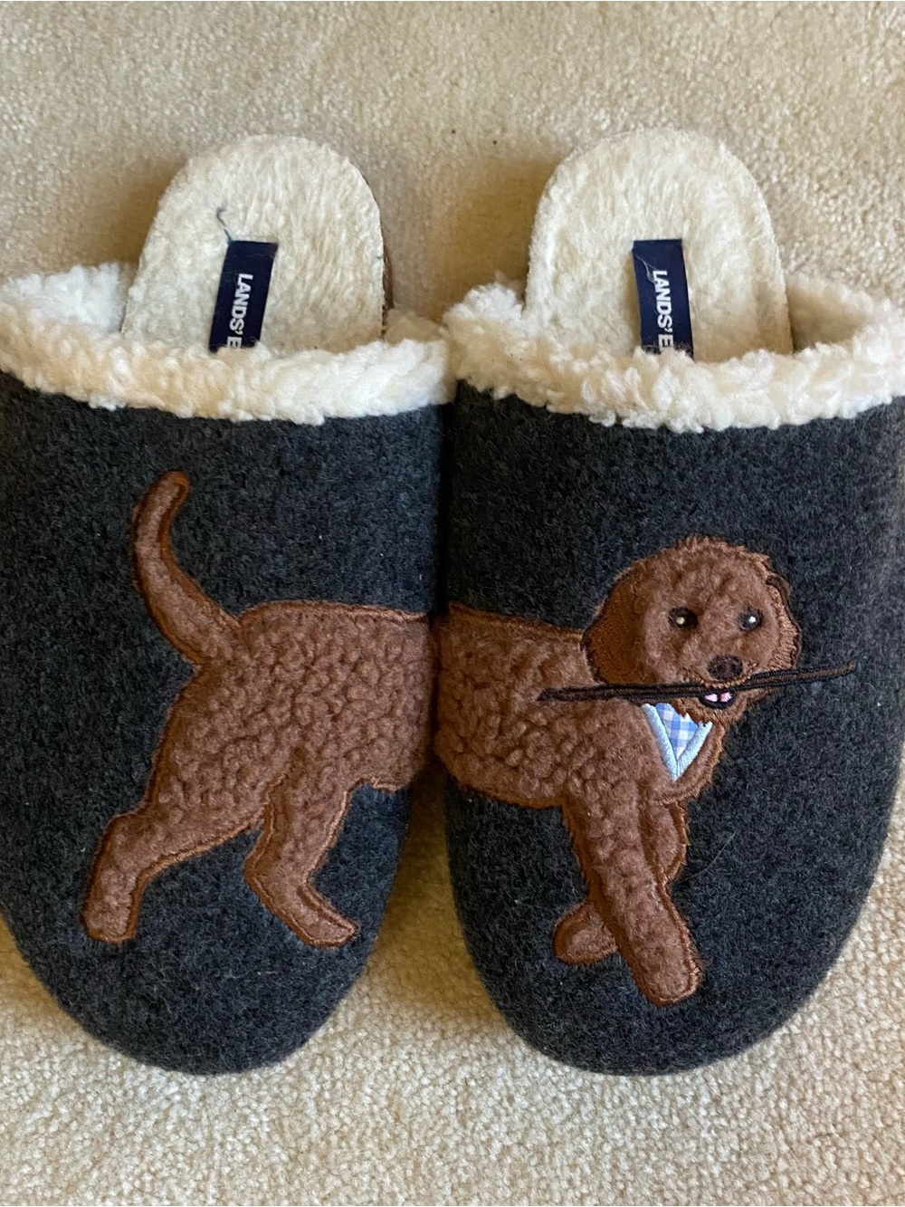 Lands End Sherpa Lined Dog Slippers Womens 9 Grey Golden Doodle Novelty Gift